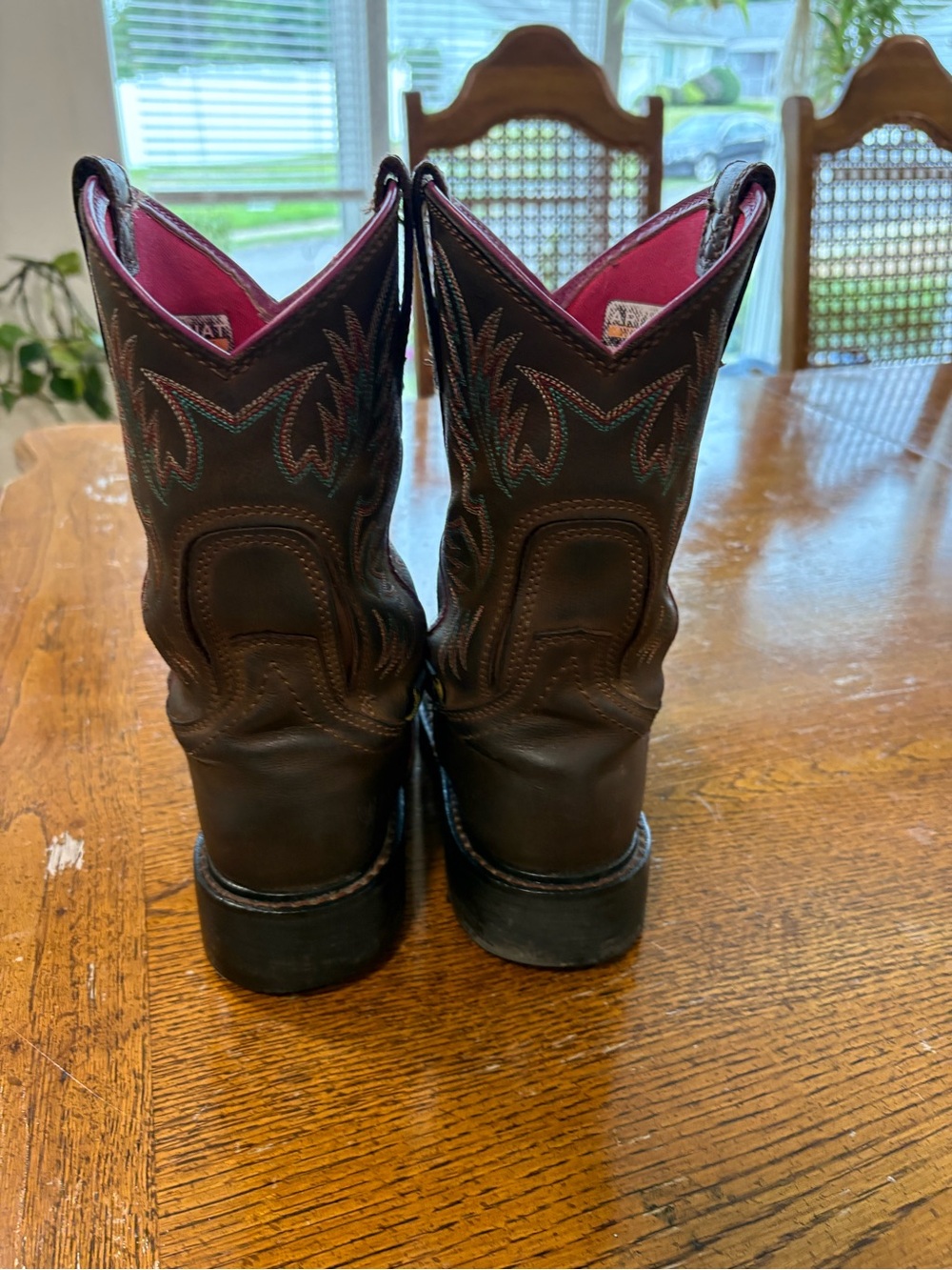 Ariat Brown Leather Western Boots with Pink Shaft Lining - Picture 3 of 7
